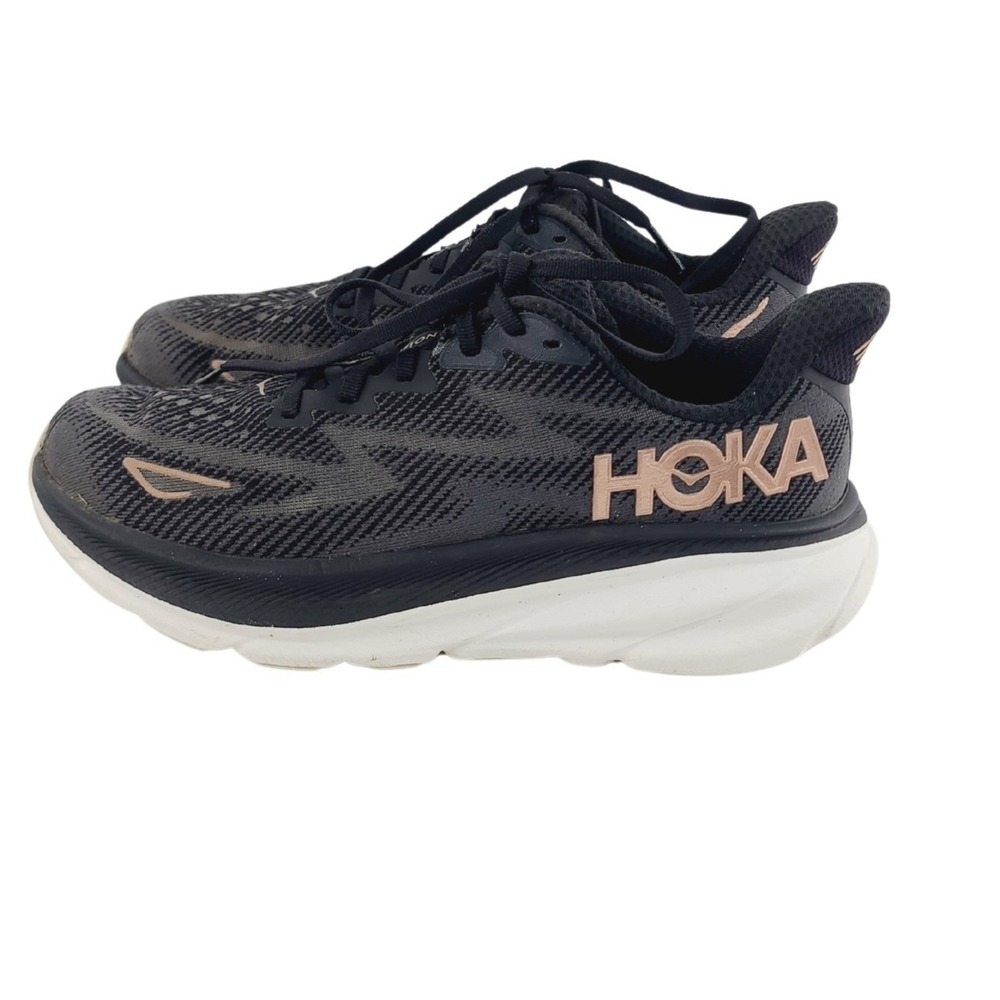 HOKA One One, Lace Up Athletic Running Sneakers, Women Size 7.5, Black Rose Gold
